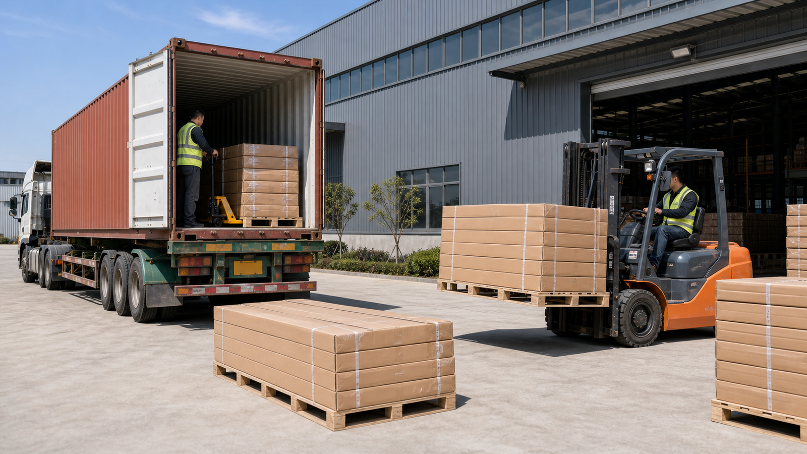 JIUXIN factory export loading with container truck forklift and palletized cartons