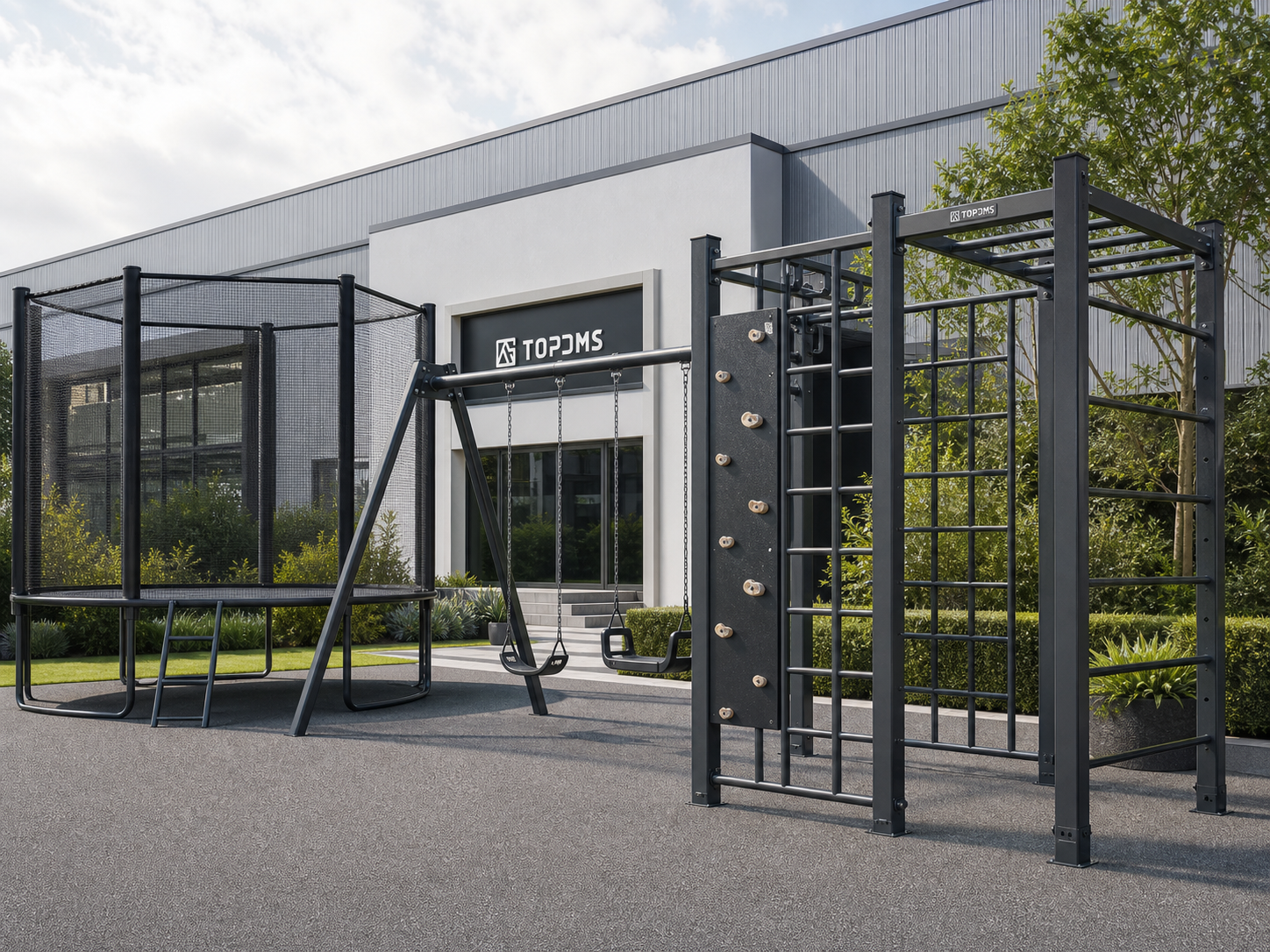 Outdoor play and fitness equipment with powder-coated metal structure